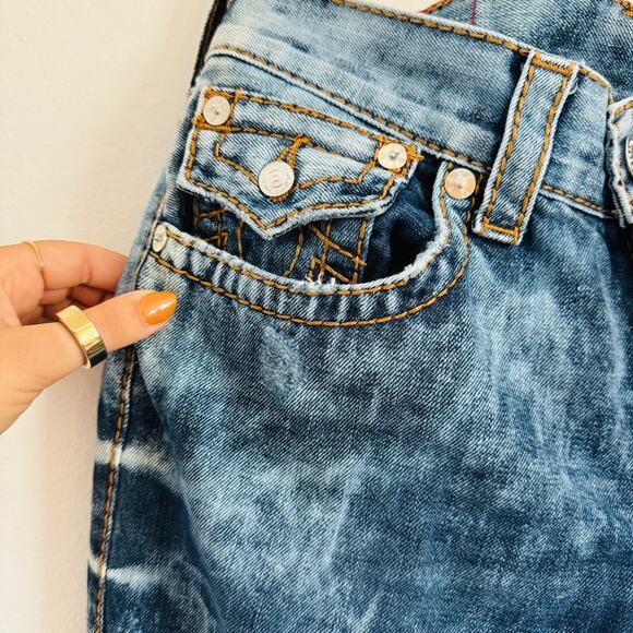 TRUE RELIGION MENS Blue White Acid Wash Relaxed Straight Leg Flap Denim Jeans 29 - Picture 3 of 14